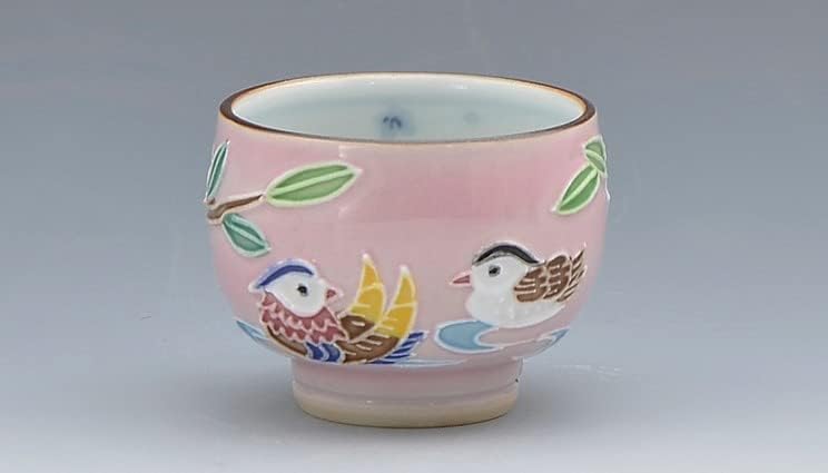 Kyo-yaki. Japán Szaké guinomi kupa mandarin kacsa rózsaszín. Fa doboz. Porcelán.