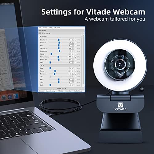 VITADE Streaming Webcam, Állítható Gyűrű Fény, 1080P Teljes HD-felbontású Webkamera Kettős Mikrofon Speciális Auto-Fókusz,Pro