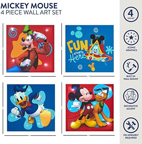 Ötlet Nuova Disney Mickey Egér 4 Csomag Vászon LED Wall Art Szett,Gyermek, Falra Dekor,Minden egyes Darab 11x11