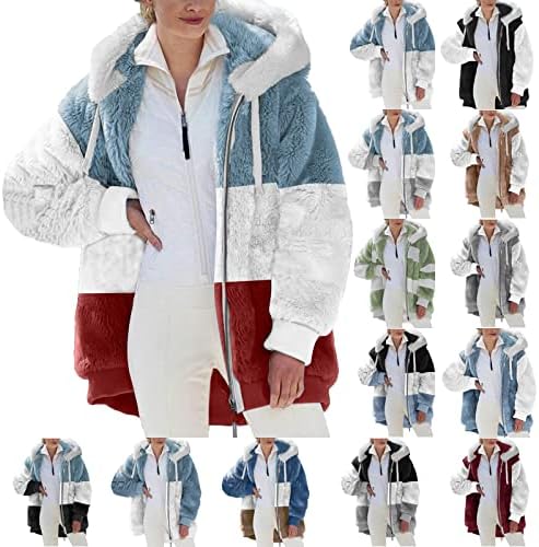 Női Polár Dzseki Kabát Sherpa Őszi Téli Vaskos Fuzzy Színes Blokk Outwear a Csuklyás Hajtóka Cipzár Alkalmi Divatos Kardigán