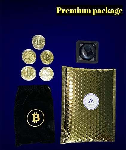 ALOOMI Bitcoin Érme Luxus Csomag (5db), 24 karátos Arany Bevonatú BTC Érme Gyűjtői Kiadás, Bársony Táska, valamint a Bemutató